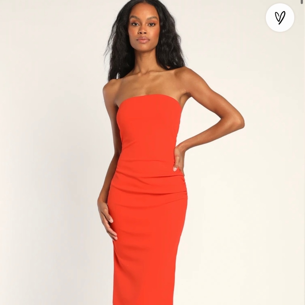 Lulus Flaunt the Fit Coral Orange Strapless Cutout Bodycon Midi Dress